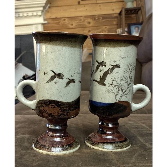 Two Vintage Otagiri Studio Pottery Footed Handle Geese Mugs - Picture 1 of 6
